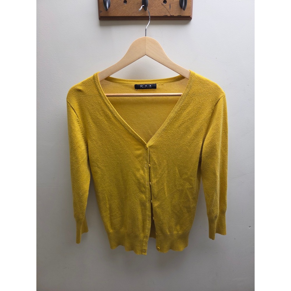 MAK Sweater Womens Mustard Yellow V-Neck Button Front 3/4 Sleeve Cardigan Knit